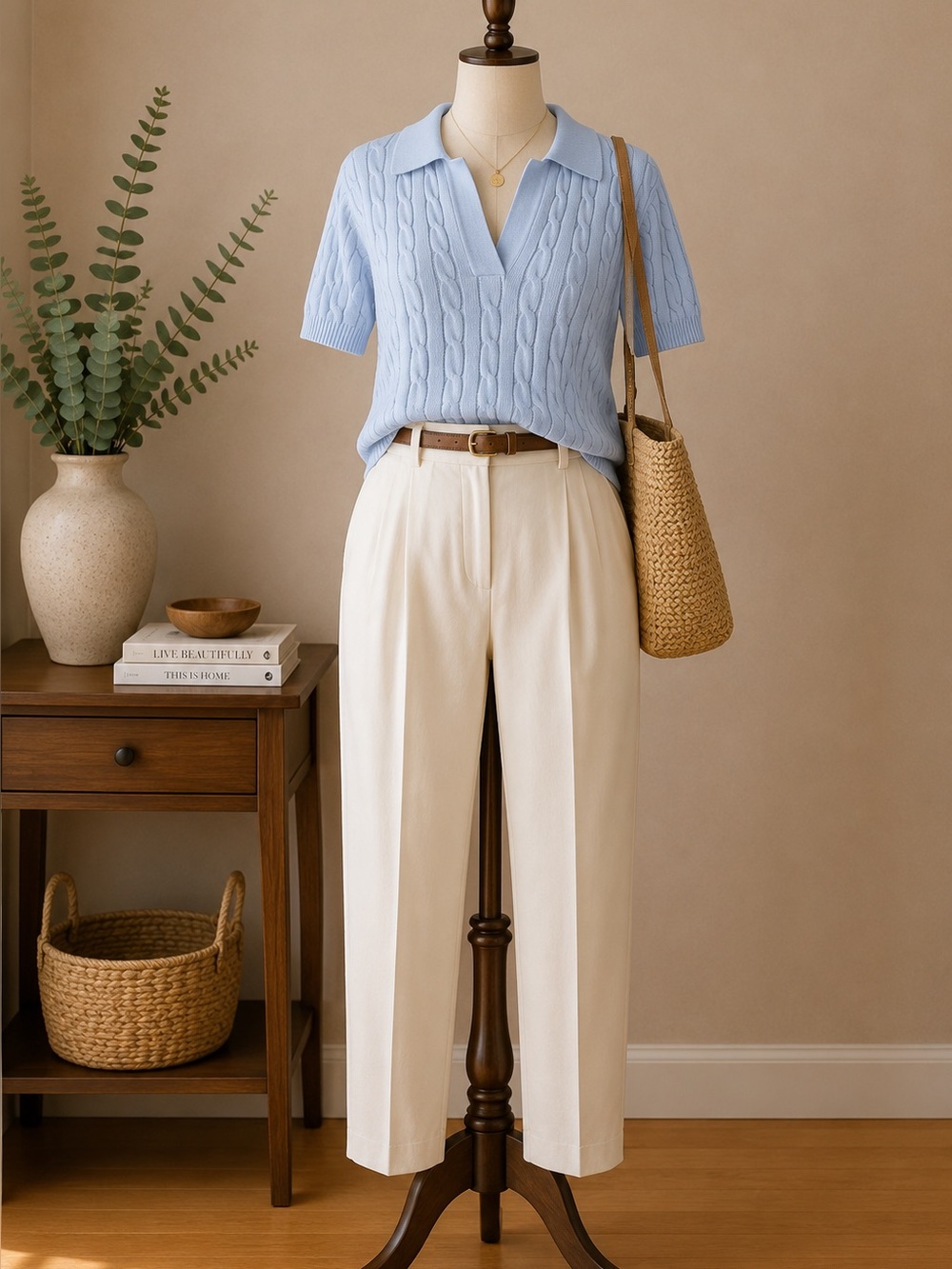 Cable Knit Polo Sweater Short Sleeve Light Blue Coastal Old Money Preppy Size M